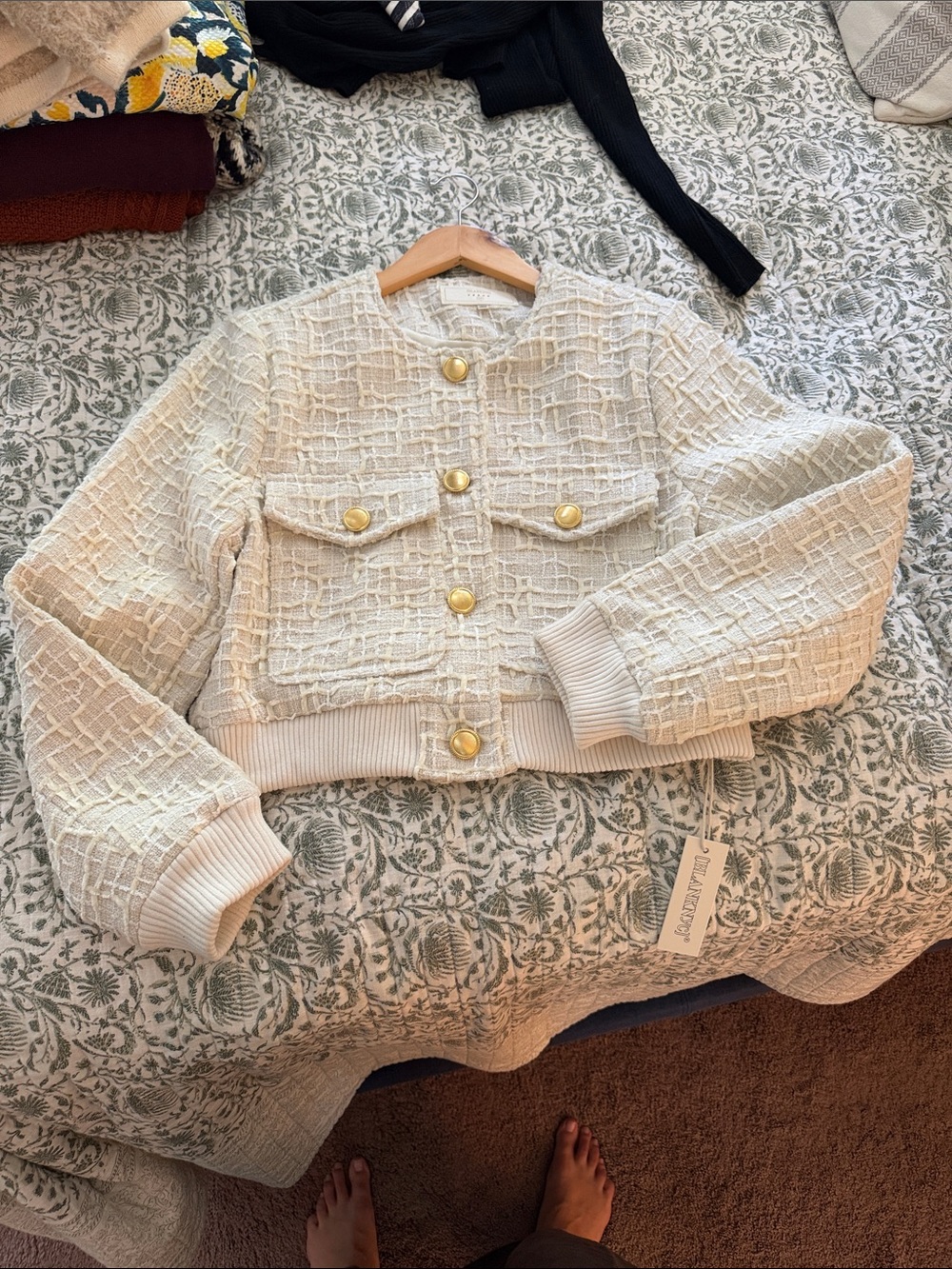 Blank NYC Cream Textured Cropped Blazer with Gold Buttons